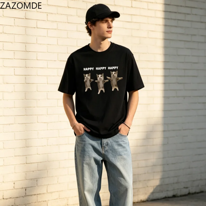 ZAZOMDE Y2K Streetwear T-Shirt Three Happy Dancing Cats Meme Print Happy Slogan Casual Oversized Short Sleeve Tees For Men Women