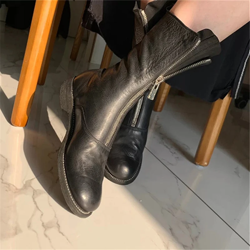 Cerniera anteriore donna stivaletti da Cowboy alla caviglia donna tacco basso autunno cavaliere Botas stivaletti corti bianchi scarpe Casual in