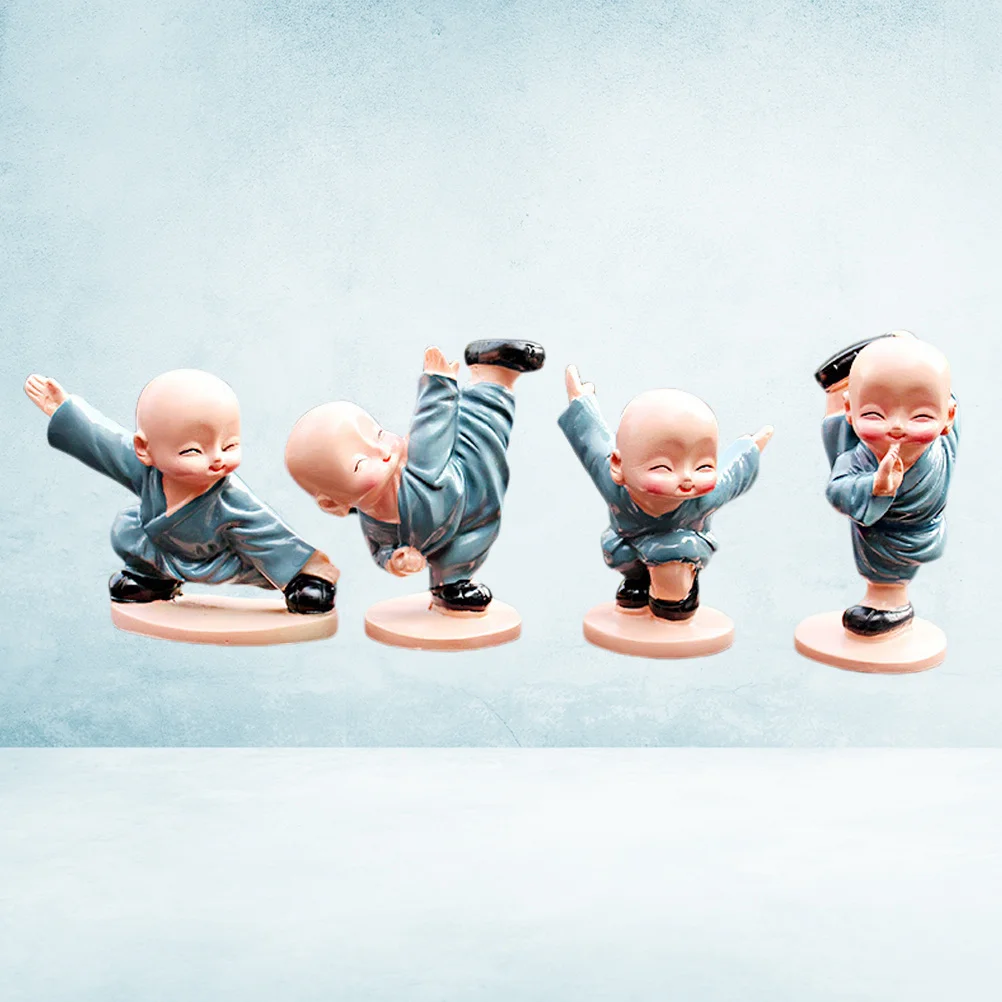 

4Pcs Resin Monk Statue Cartoon Design Home Office Desktop Decoration Resin Ornament Kung Fu Kid Gift for Family Friends