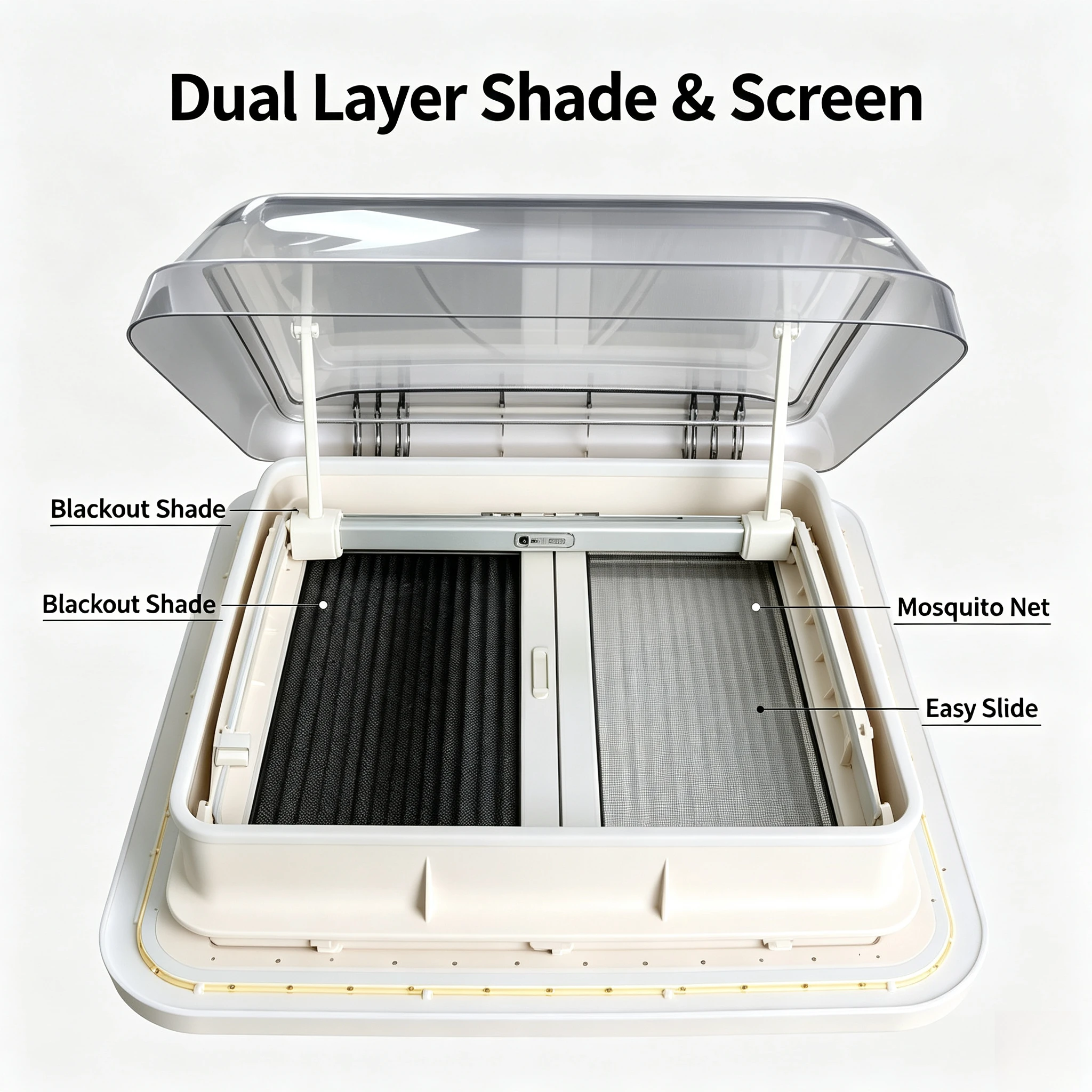 RV Commercial Vehicle Breathable Sunroof with Privacy Curtain with Insect Mesh Acrylic Aluminum Alloy Material with LED Light