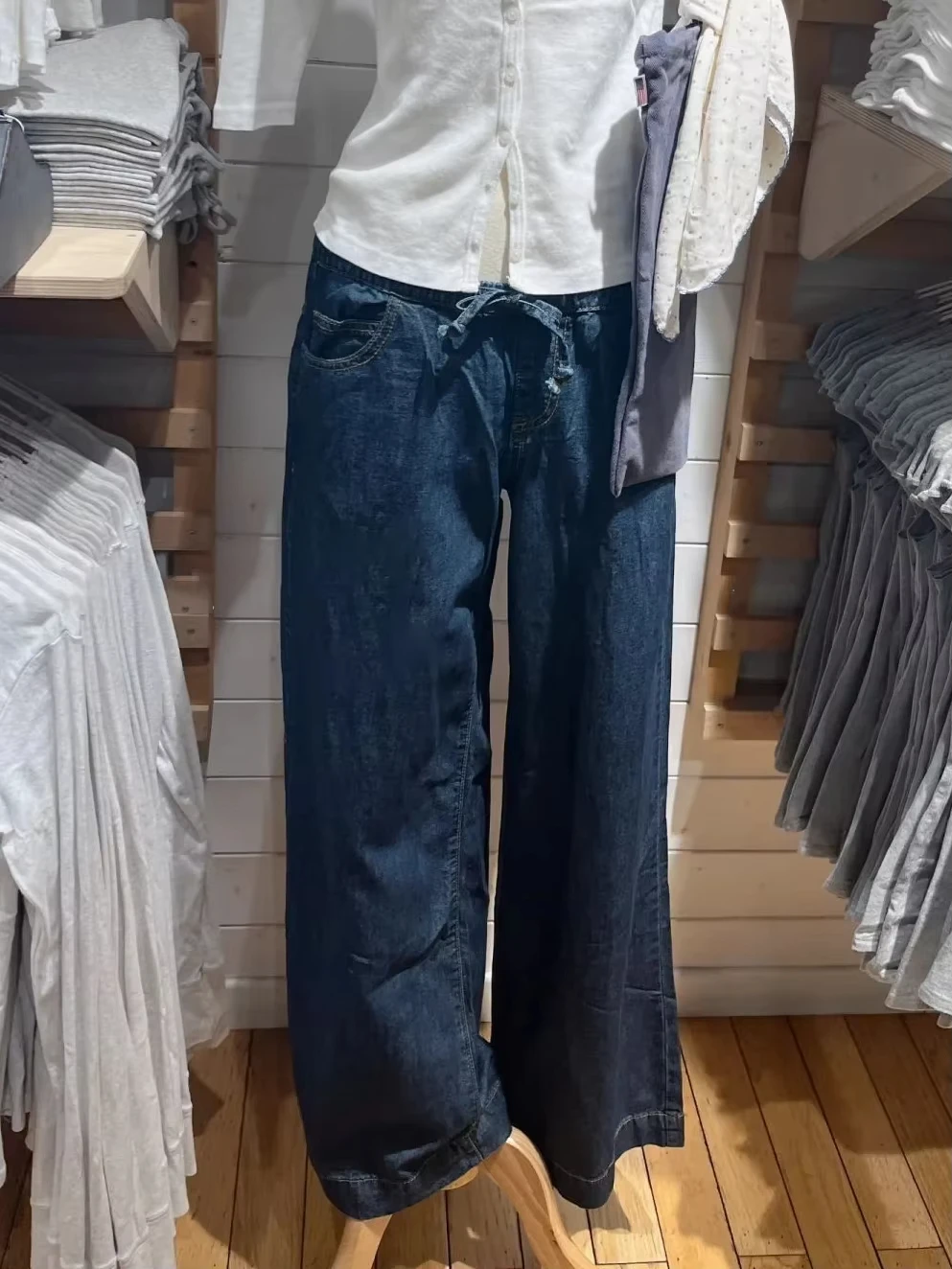 Vintage Drawstring Straight Jeans Women Summer Cotton Denim Long Pants Female Casual Streetwear All--match Deep Blue Trouser Y2K