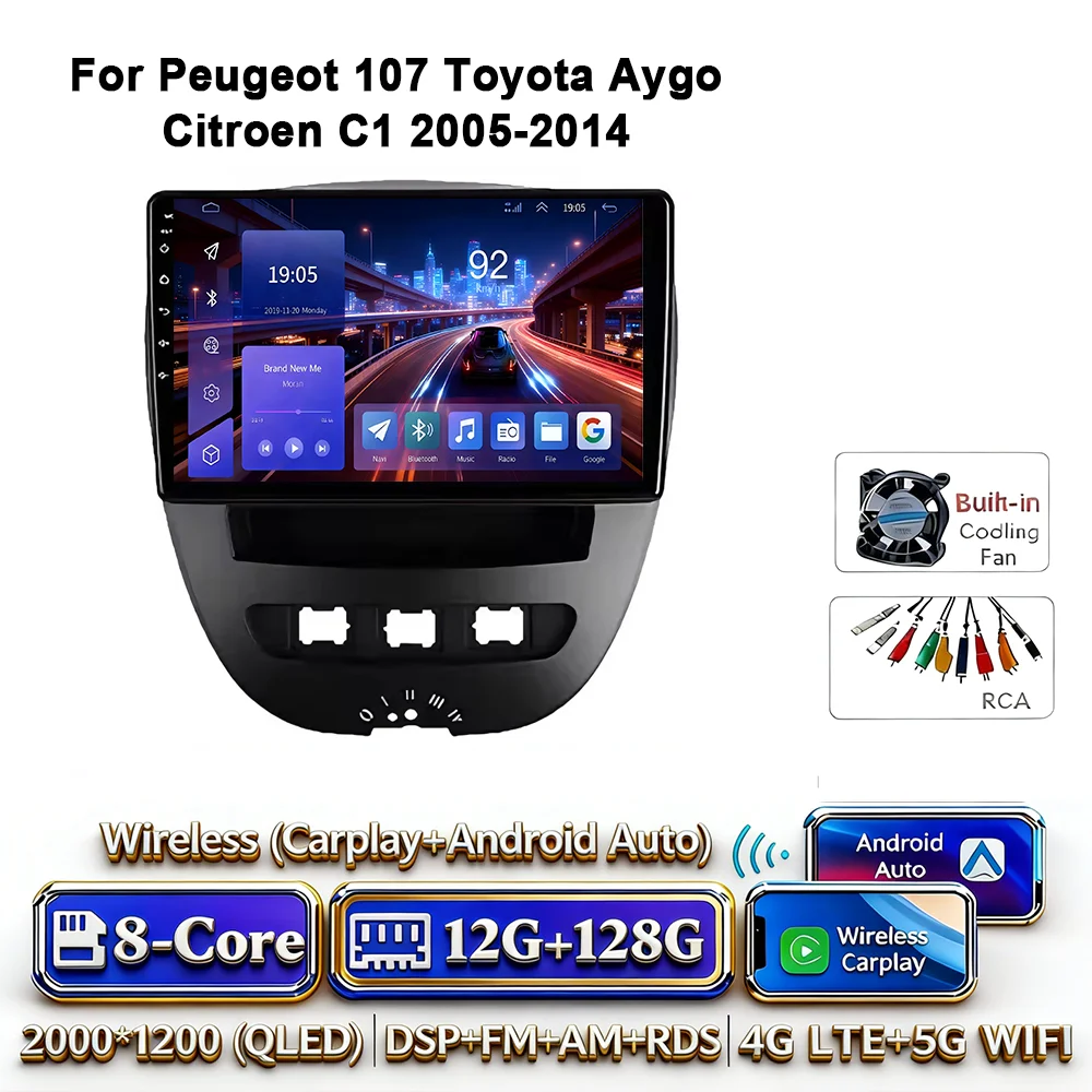Android 17 Carplay Auto 4G WIFI autoradio voor Peugeot 107 Toyota Aygo Citroen C1 2005-2014 GPS BT DSP touchscreen multimedia