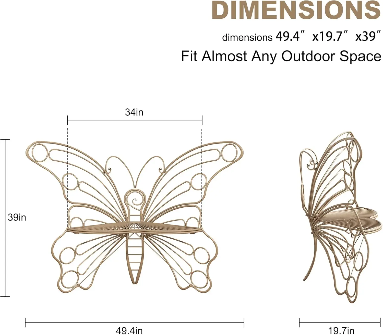 50 Inches Outdoor Bench, Garden Bench With Sturdy Iron Metal Frame, Pretty Butterfly Bench Front Porch Bench For