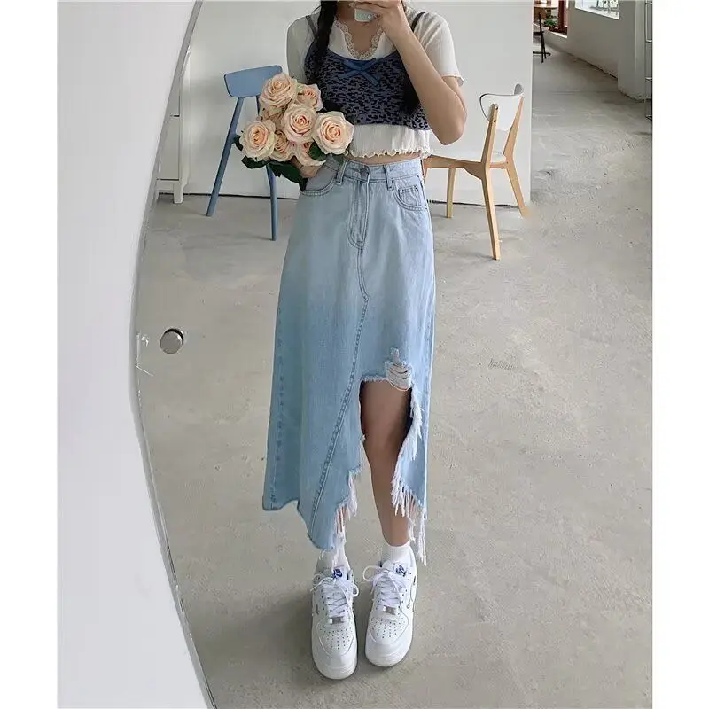 

Женская джинсовая юбка больших размеров в стиле ретро с разрезами для похудения для тяжелых девушек, осенние модные модные юбки f