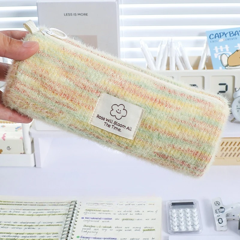 Stationery Bag Simple Plush Colorful Cylindrical Pen Case High Appearance Quality Large Capacity Portable Stationery Box