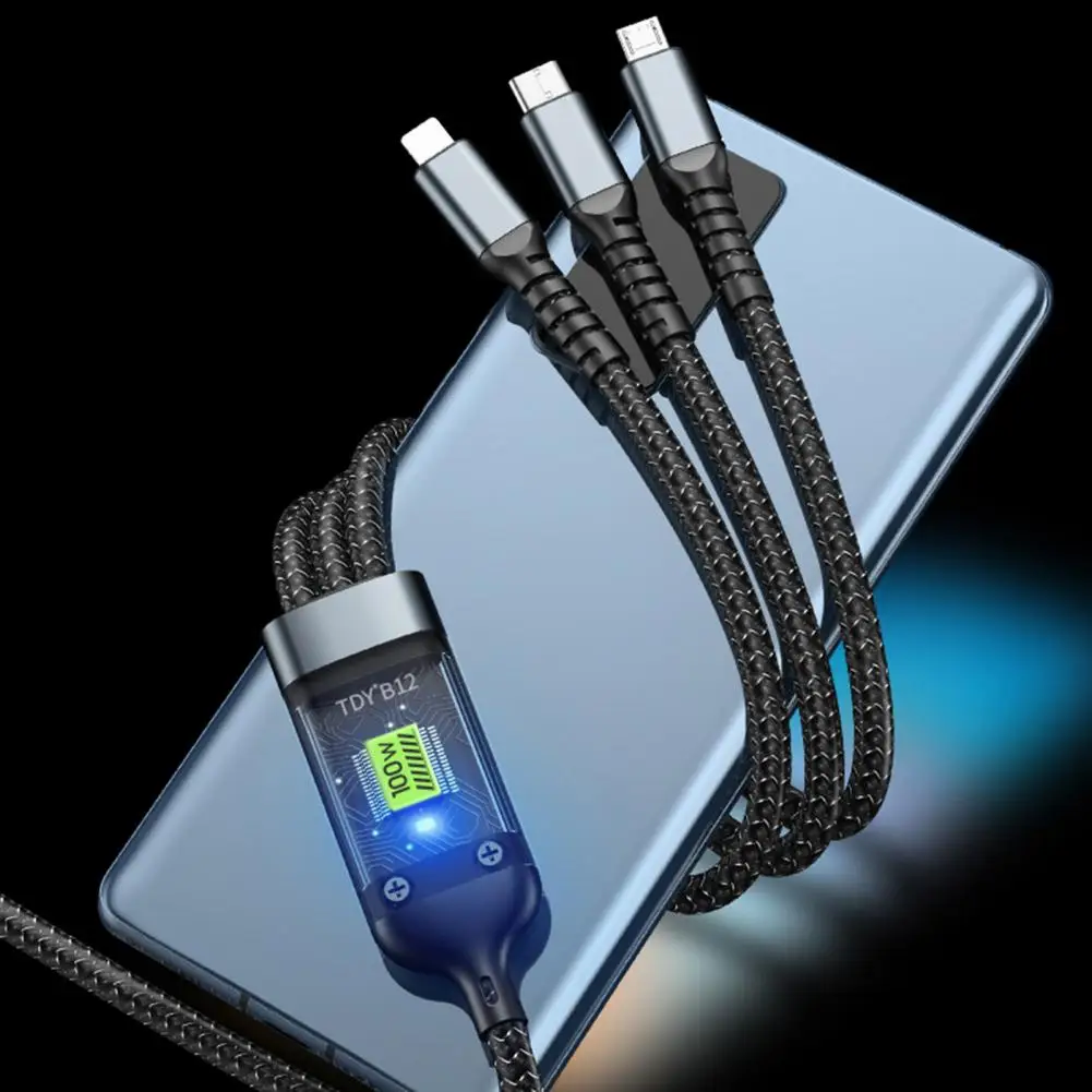 ナイロン編組ケーブル,100W,3 in 1,マイクロUSBコネクタ