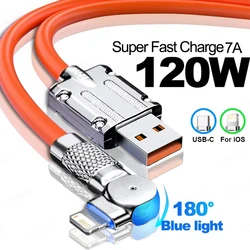 Cable de silicona de 120W y 6A, Cargador USB tipo C para iPhone 14, 13, 12, 11 Pro Max Mini, giratorio 180, Cable de carga Ultra rápida tipo C