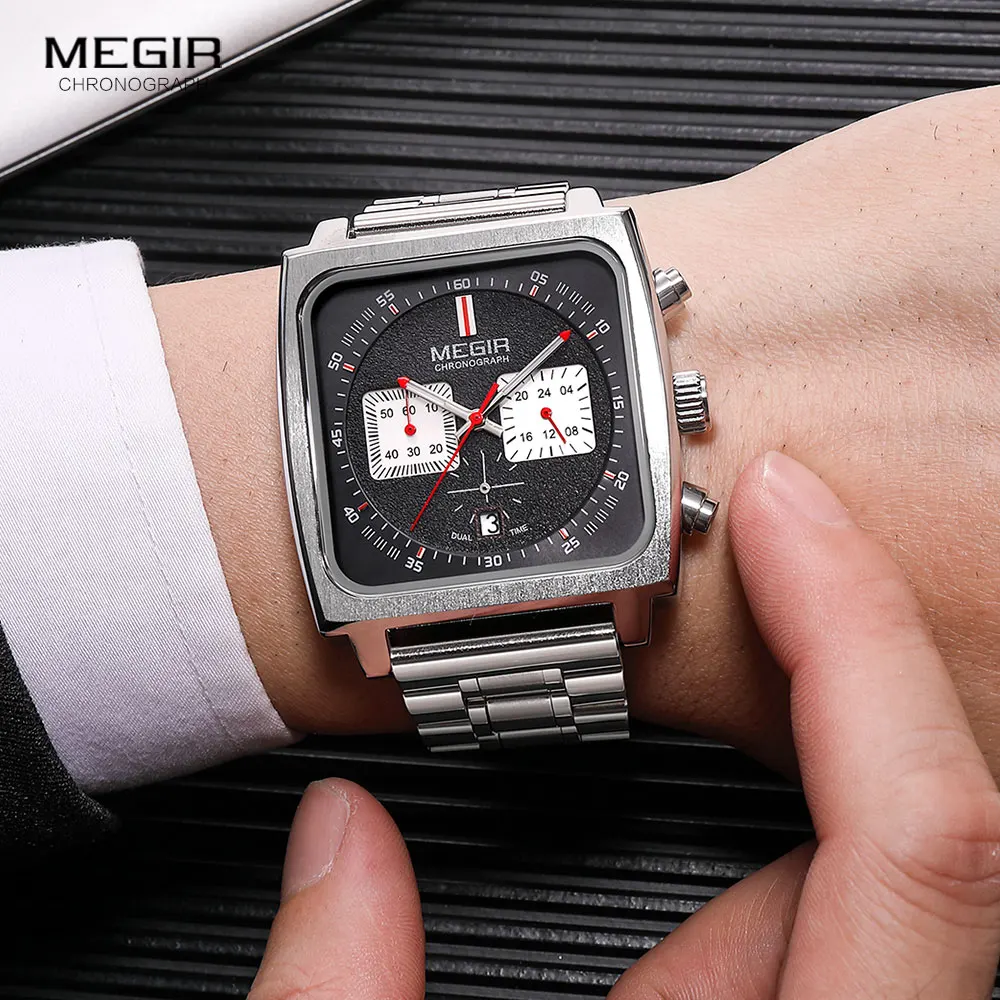 MEGIR Square Dial Quartz Watch Men Stainless Steel Strap Chronograph Sport Wristwatch with Date Luminous Hands 24-hour Indicator