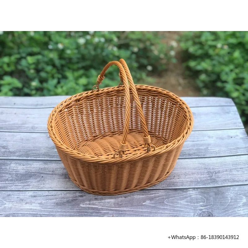 Oval Faux Rattan Hand Woven Basket, Plastic Woven Storage Basket for Supermarket Fruit Vegetable Egg Snack, Multi-purpose