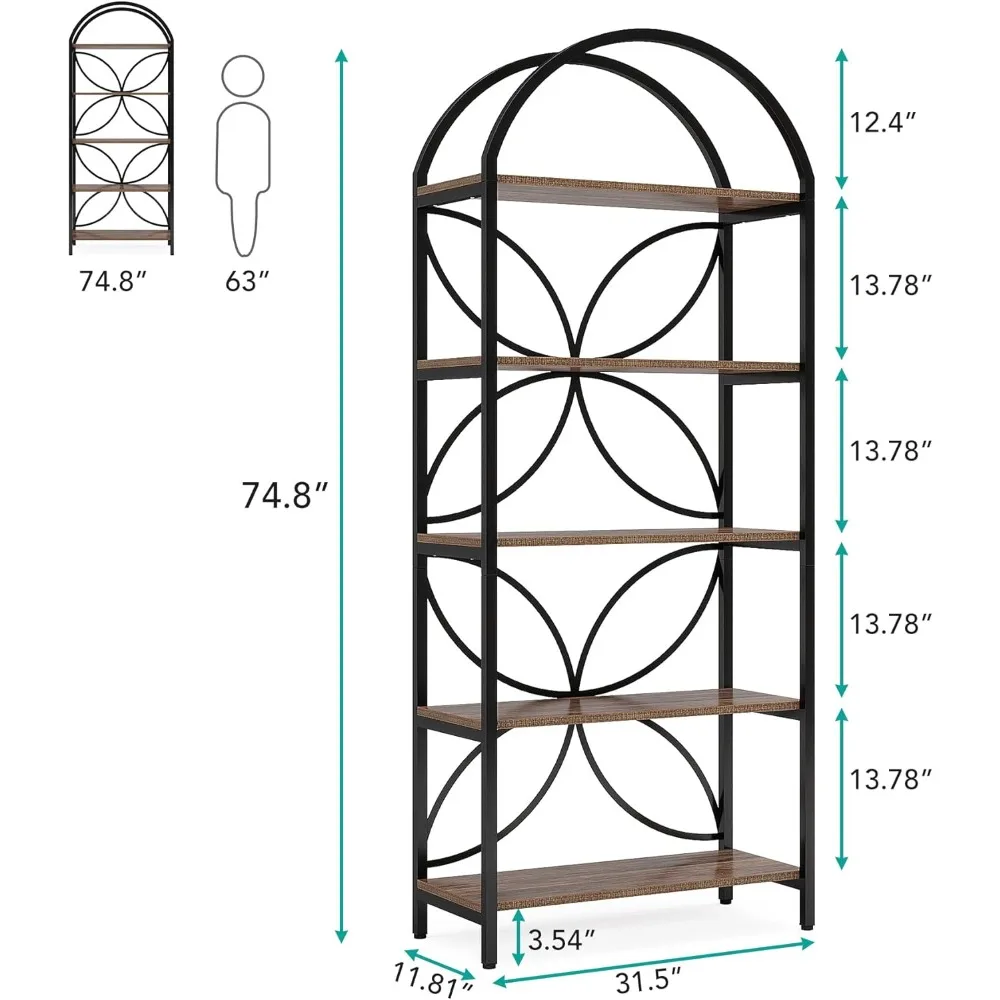 5-Tier Bookshelf,75 Inch Tall Arched Bookcase Shelf Storage Organizer, Open Standing Display Rack for Bedroom, Living Room