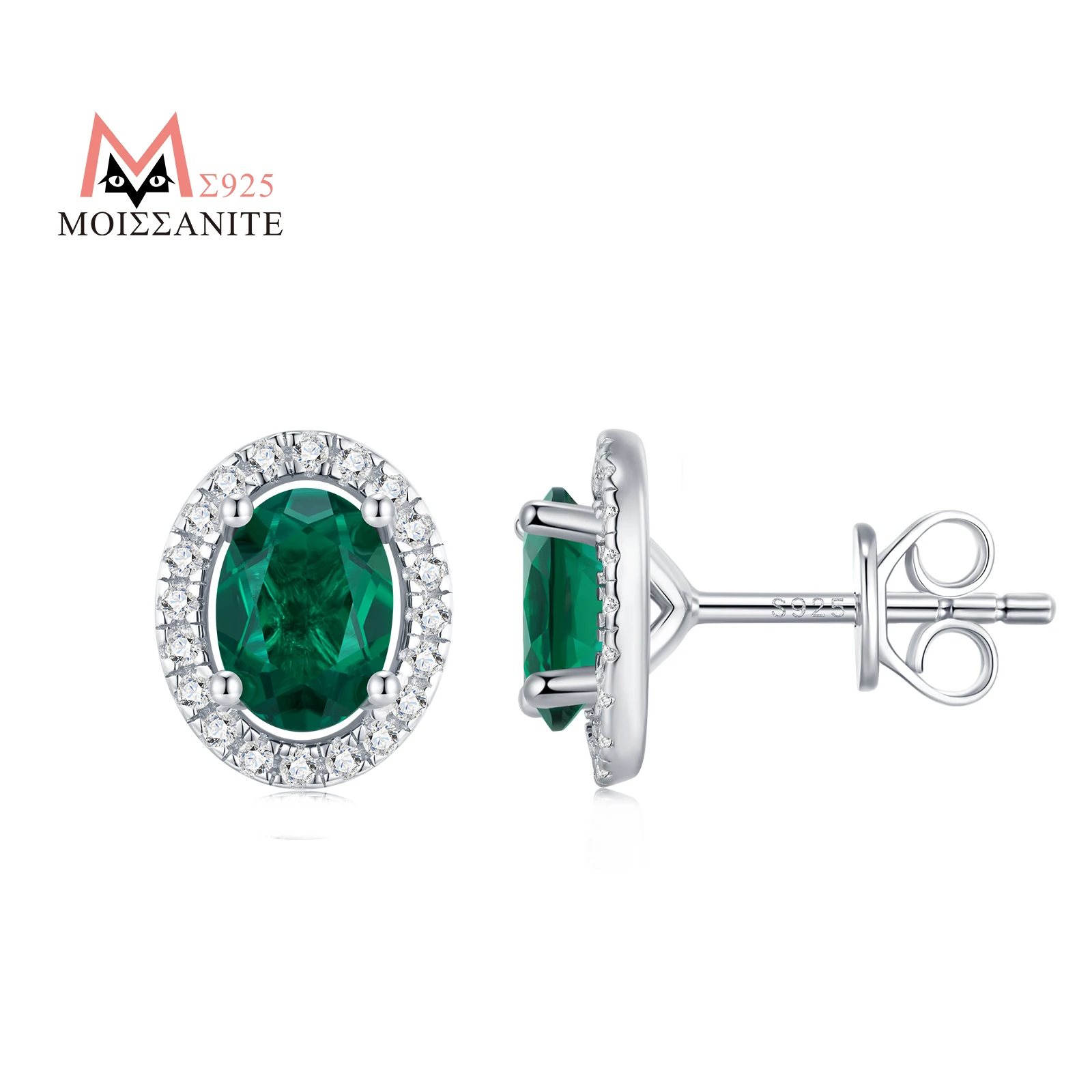 

JIUZUAN 2pcs Oval 5x7mm Lab Emerald Stud Earrings S925 Silver 18K Gold Plated Halo Prong Setting Elegant Green Earrings