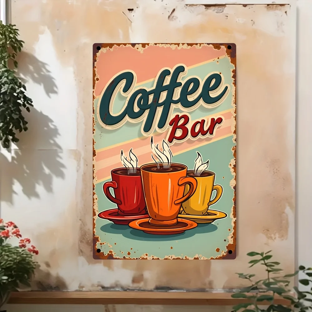 Vintage „Coffee Bar“ Metallschild – dekoratives Wandschild mit bunten Kaffeetassen-Illustrationen, perfekt für Zuhause, Café, Bar, für