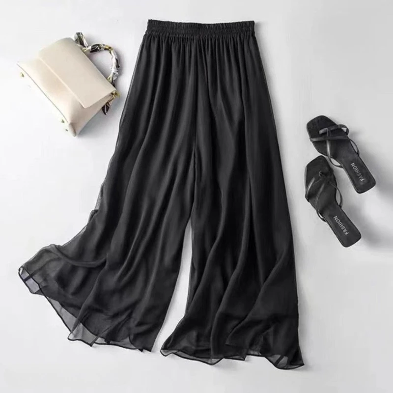 Double Layer Chiffon Wide Leg Pants Female Side Split Thin Pants 2026 New Spring Summer High Waist Trousers Ladies Casual pants