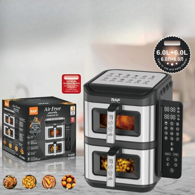 Large Capacity Air Fryer Oven Visual Smart Fully Automatic Double-layer Airfryer Anti Scald Handle Suitable for Chicken and Fish