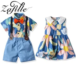 ZAFILLE Flower Print Twins Baby Clothes For Brother Sister Matching Outfits Sweet Dress Kids Girls Clothing Gentleman Boys Set