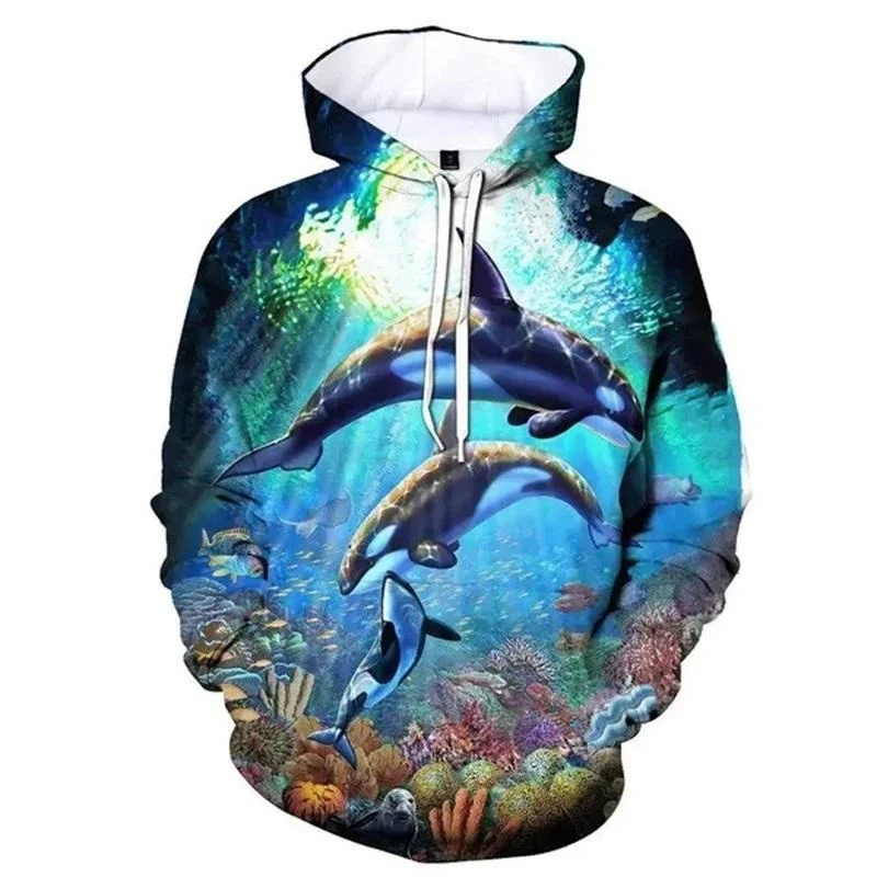 Men's Street Hip Hop Cool Dolphin Animal Hoodie 3D Printed Seabed Underwater World Pattern Funny Cute Sea Turtles Hoodies