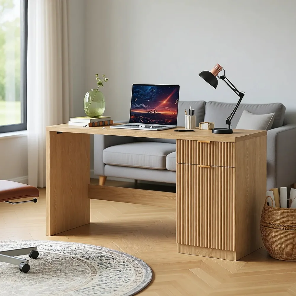 60-inch Fluted Executive Desk with Storage Cabinet, Suitable for Home Office, Study, and Living Spaces