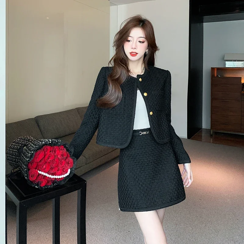 Real Shot Classic Style Autumn/Winter Set Youthful Short Jacket + Slim Black Dress Two-piece Set Female Office Lady Clothing New