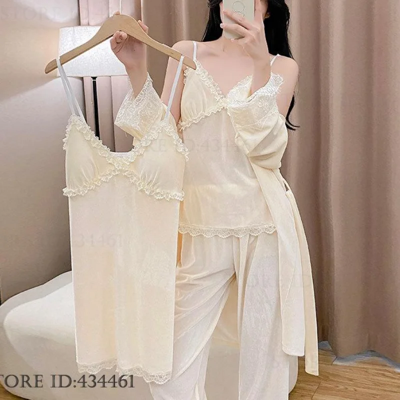 

Осень-зима, новый бархатный пижамный комплект из 3 предметов, одежда для сна, сексуальное нижнее белье с кружевной отделкой, пижамный костюм, свободная повседневная велюровая одежда для дома, пижама