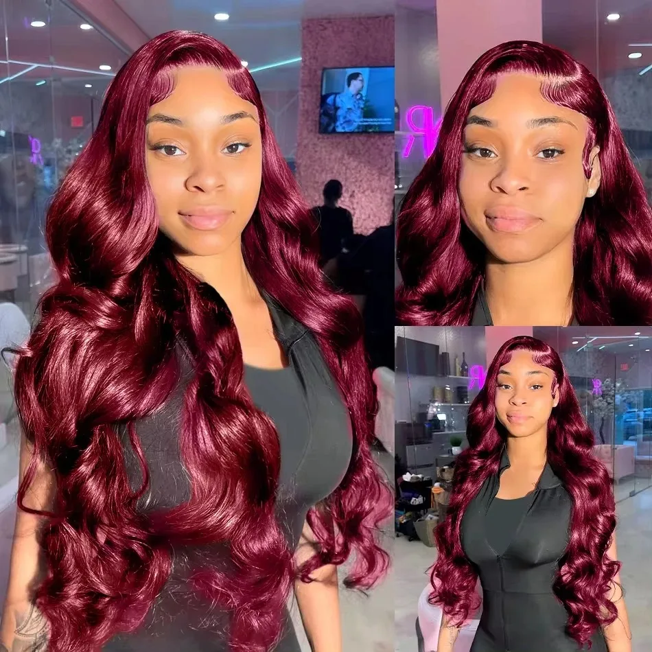 99j Burgundy 13x6 Transparent Body Wave Lace Frontal Human Hair Wig 13x4 Lace Front Wig Red Colored Wigs For Women 200 Density