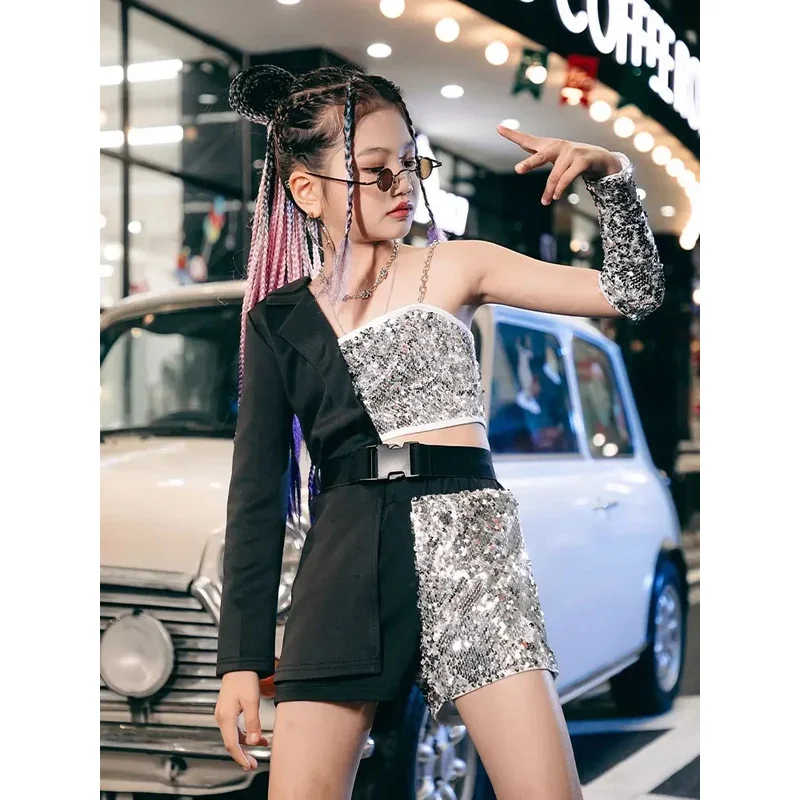 

2025 New Girls Street Clothes Y2K Design Fashion Unique Show Dance Catwalk Sequin K-pop Outfits Performance Black Jazz Silskeif1
