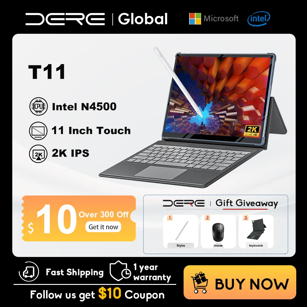 Dere Máy Tính Bảng Laptop D10 10.1 ''2 Trong 1 Intel Celeron N5100 RAM 4GB SSD 128GB 1920*1200 Màn Hình Cảm Ứng IPS Windows 11 Xách Tay