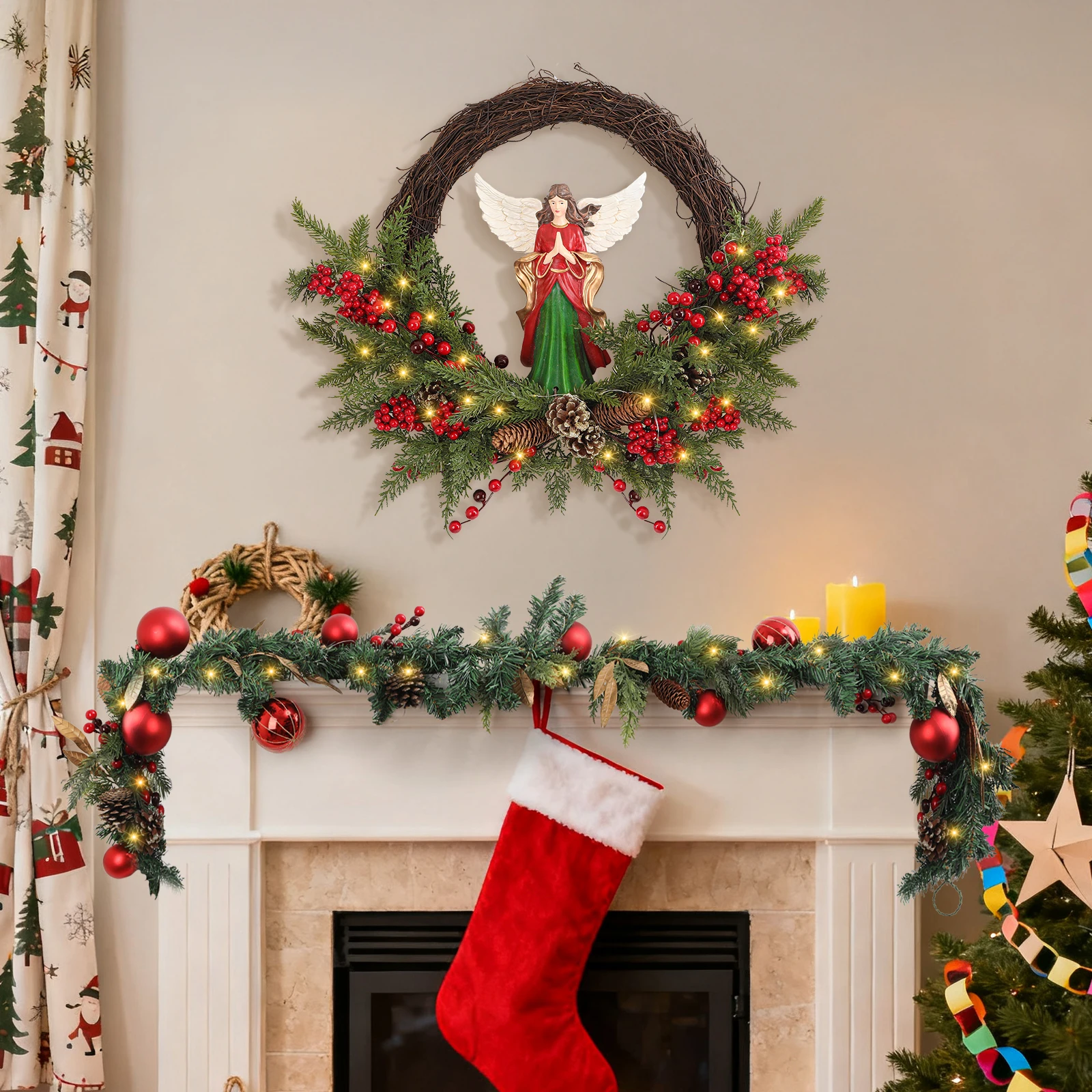 

24" Christmas Wreath with 30 LED Lights and Battery Operation Angel and Berry Decor for Indoor Outdoor Holiday Decorations