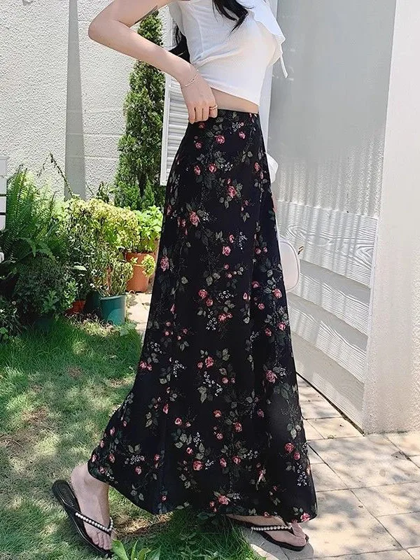 

High Waist A-Line Long Skirt Floral Side Slit Korean Style Commute Casual Summer plus Size Women's Skirts Half Body Skirts