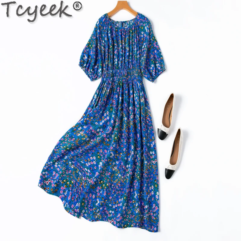 

Tcyeek 100% Mulberry Silk Dress Women Beach Dress 2024 Elegant and Pretty Women's Dresses Summer Clothes Print Vestidos De Mujer