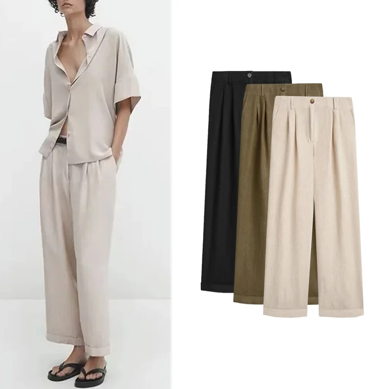 

Comfortable Casual Wide Leg Pants for Women Pleated Commute Sle Loose Fit Straight Cut Trousers l Waist Long Pants
