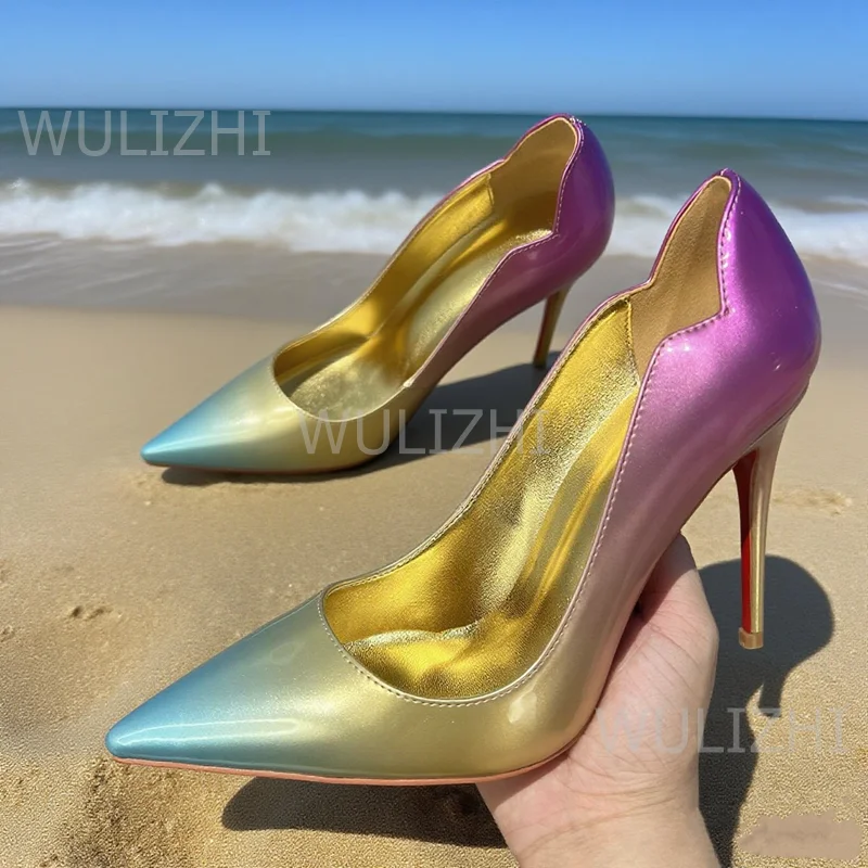 

Rainbow Patent Leather Graffiti Cute Pump Girl Beach Sexy Pointed Sandals Rose Red Gold Insole Heels 12Cm Red Elegant Party Shoe