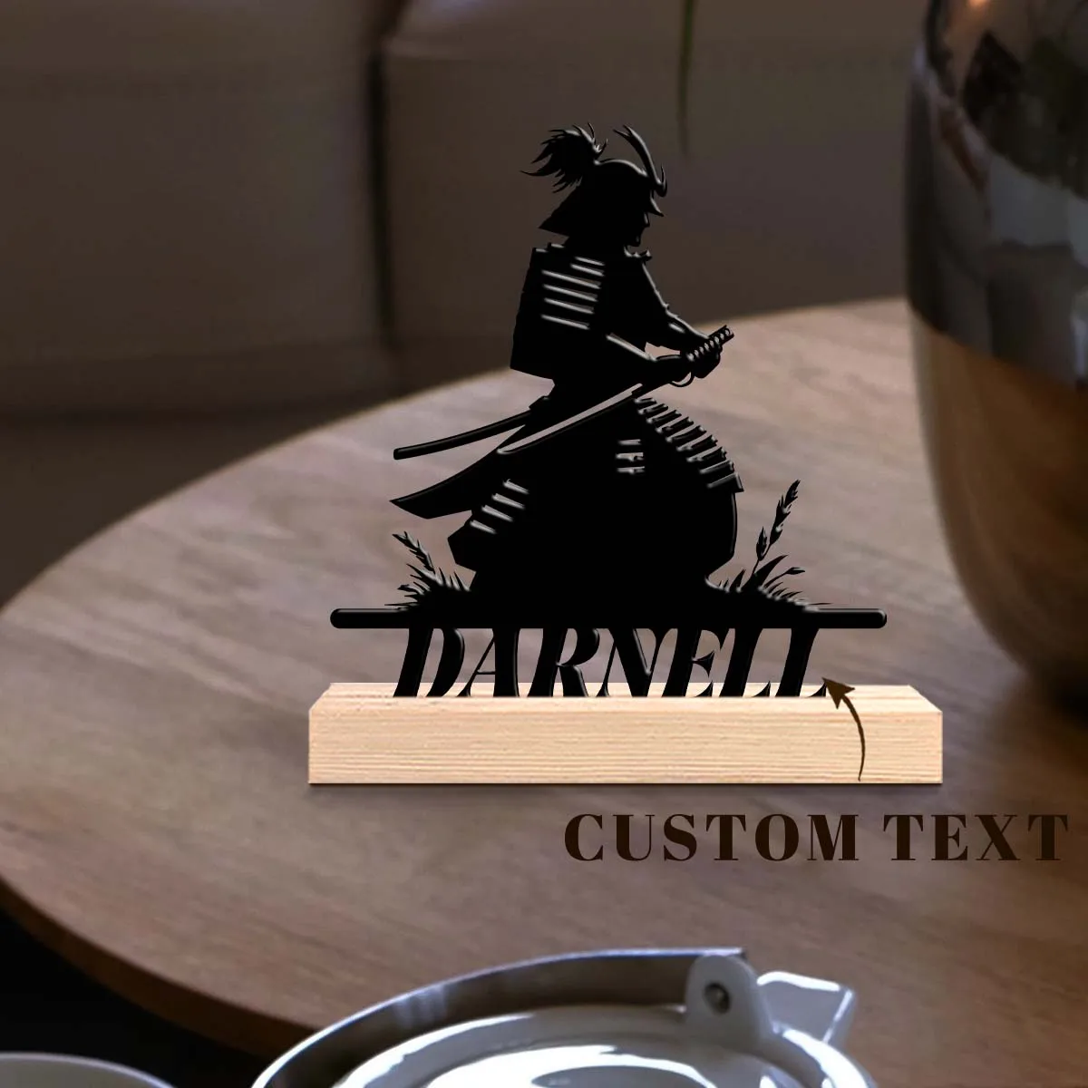 1pc Metal Desktop Decoration Custom Content Equipped with Wooden Base Modern Rural Home Desktop Decorations