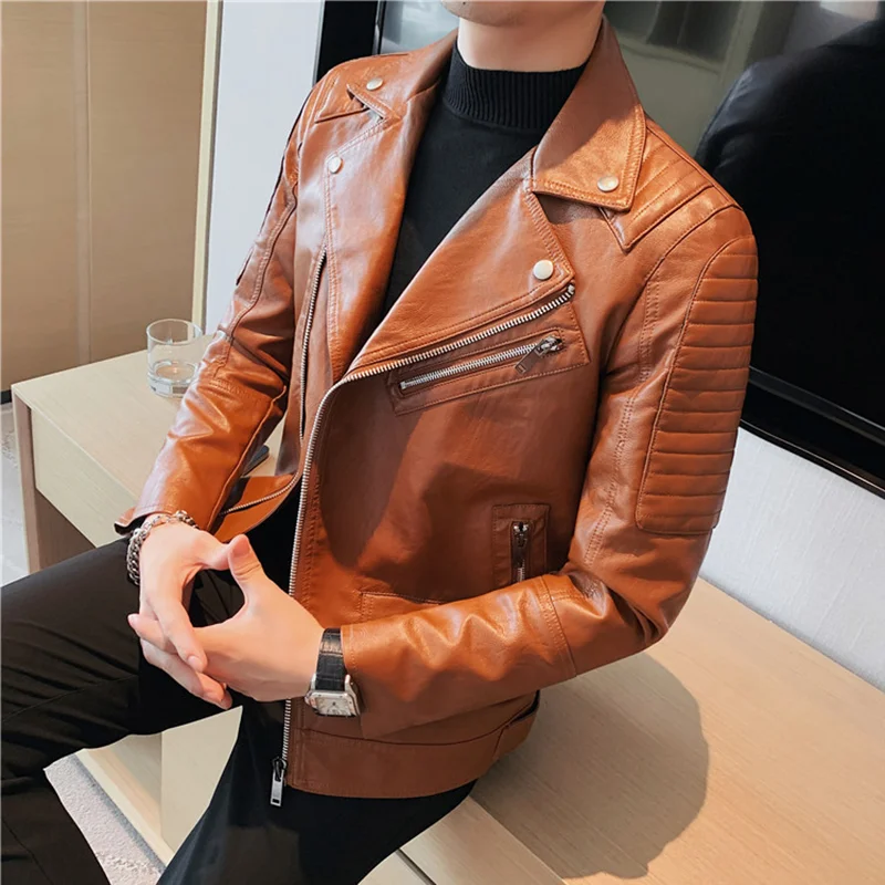 2022 Autumn New Oblique Zipper Motorcycle Leather Jacket Men Brand Short Slim Fit Lapel Pu Leather Coat Jackets Streetwear 4XL-M