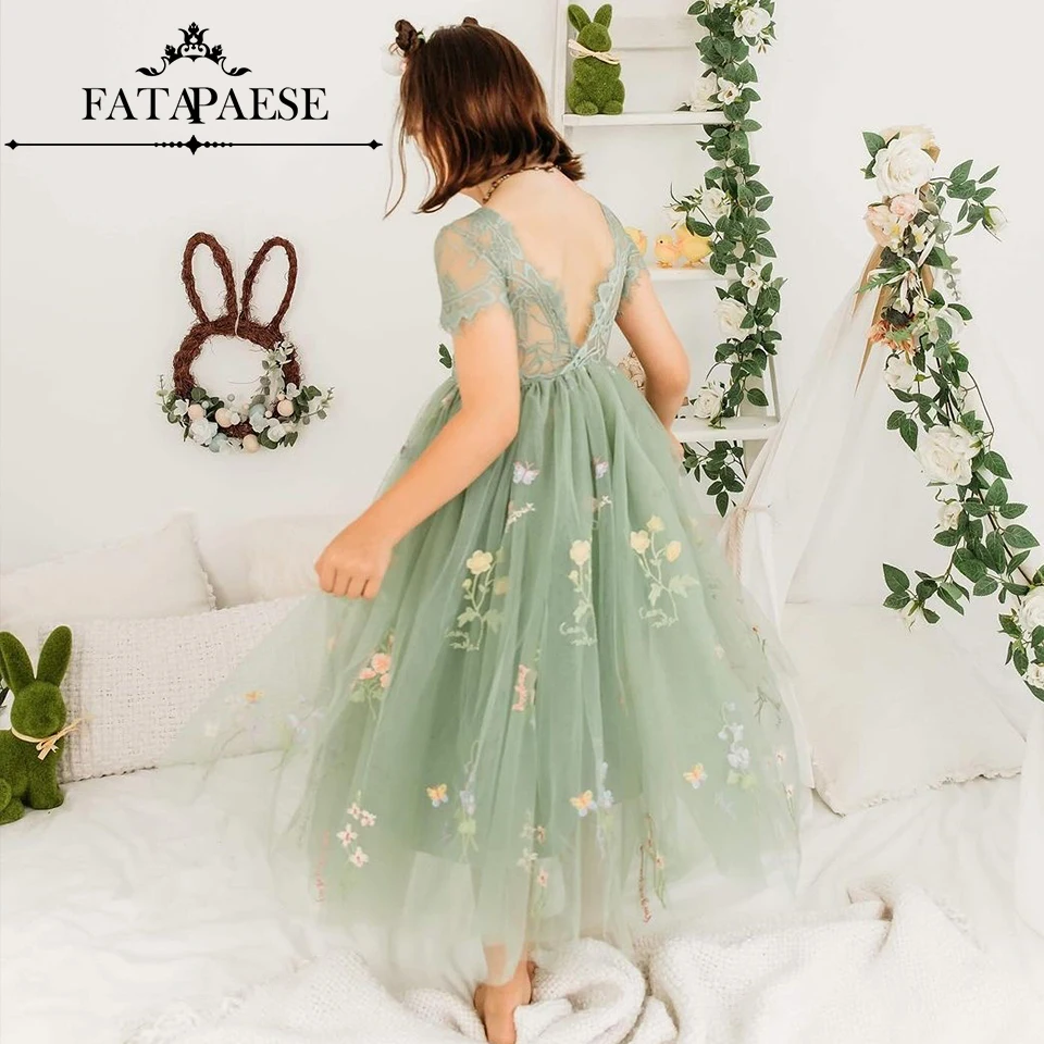 FATAPAESE FLORAL EMBROIDERED TULLE LACE GIRL DRESS IN SAGE Scalloped Edges Tulle Skirt Junior Bridesmaid Gown