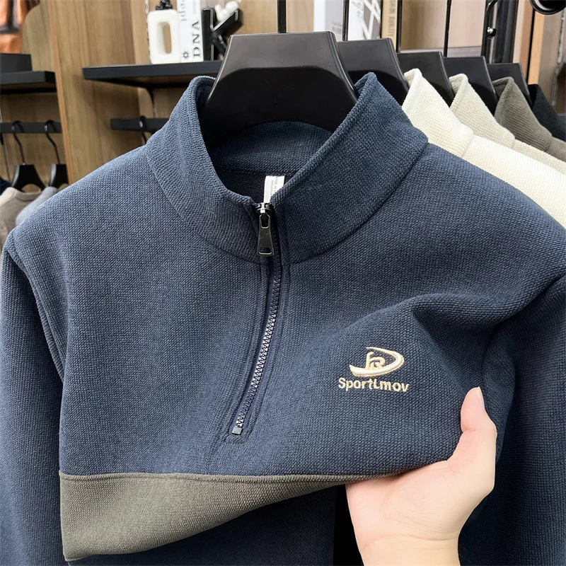 New Autumn and Winter Men's Half Zipper Stand Up Collar Color Blocked Embroidered Sweatshirt, Men's Trendy Versatile Casual Top