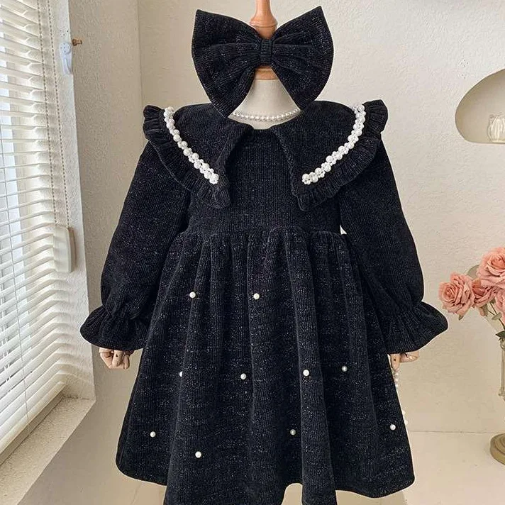 Girls Red Dress 2024 New Autumn and Winter Children Older Winter Princess Dress New Year's Greeting Dress Velvet Skirt