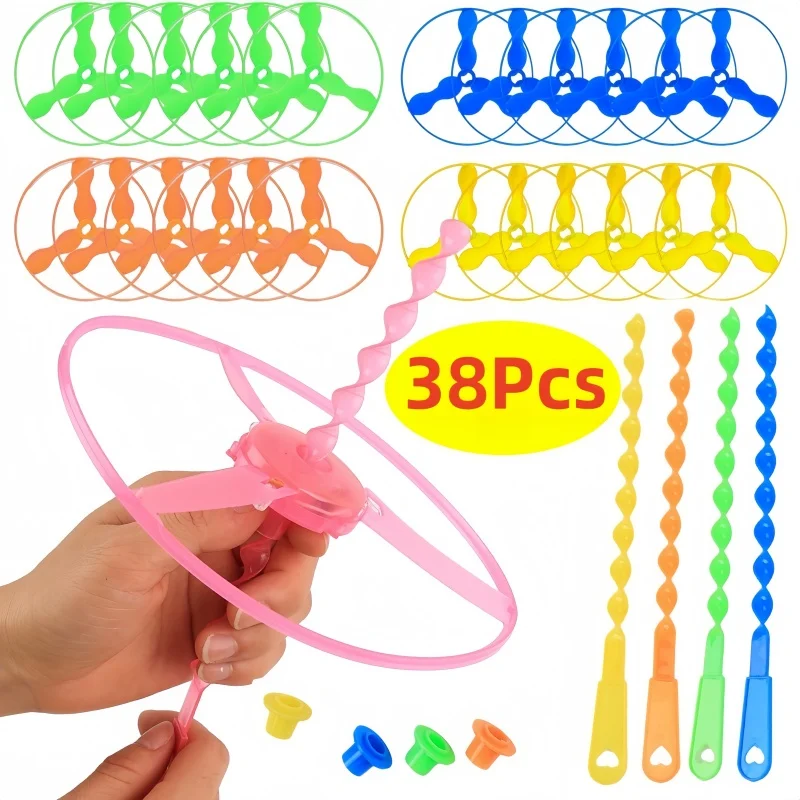 38pcs Flying Helicopter Rotating Circle Bamboo Dragonfly Manual Friction Plastic Propeller Outdoor Flying Toy Children's Gift