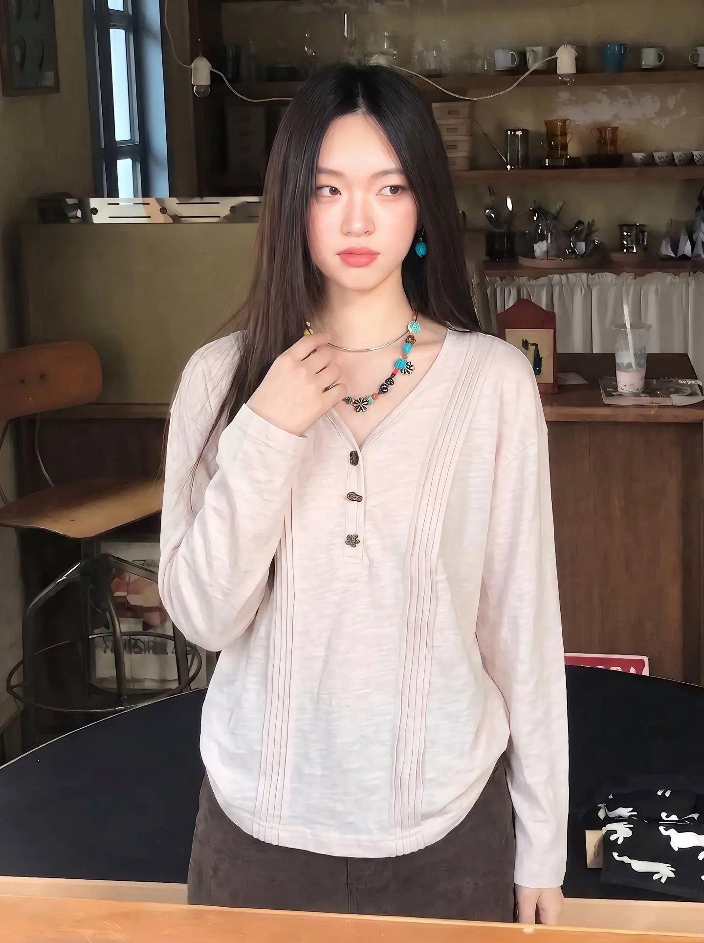 Women's Khaki T-shirt Harajuku Korean Y2k Tee Top 2000s 90s Aesthetic Fashion Vintage Long Sleeves T-shirt Spring 2026 Clothes