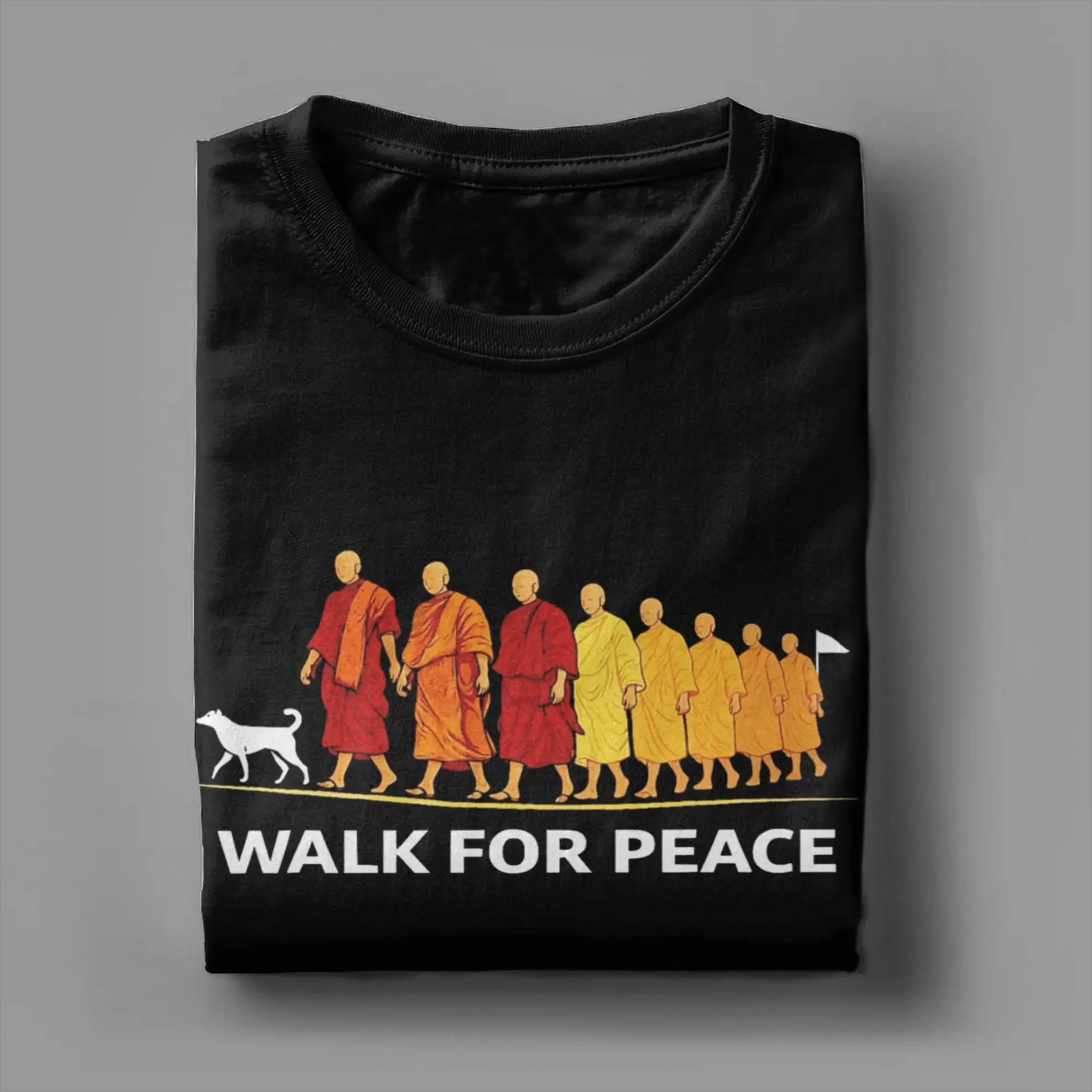 Men's T-Shirt Retro Walk for Peace Monks with Aloka Dog Minimalist Zen Casual Cotton Tee Shirt Crewneck Clothing Gift