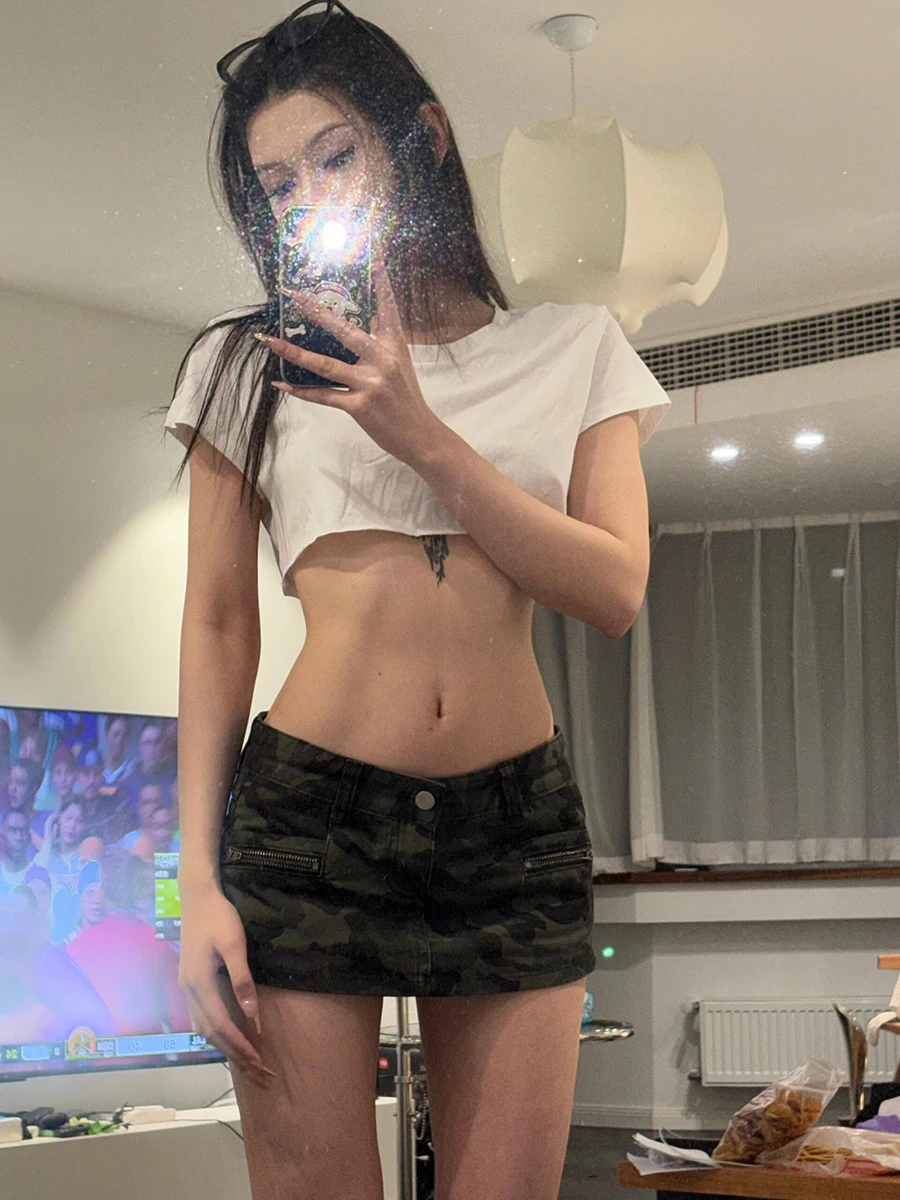 ReddaChic Y2k المرأة التمويه جان Skorts الدنيم سستة منخفضة الخصر ألف خط الدنيم تنورة السراويل 2 في 1 خمر الصيف الشارع الشهير #4