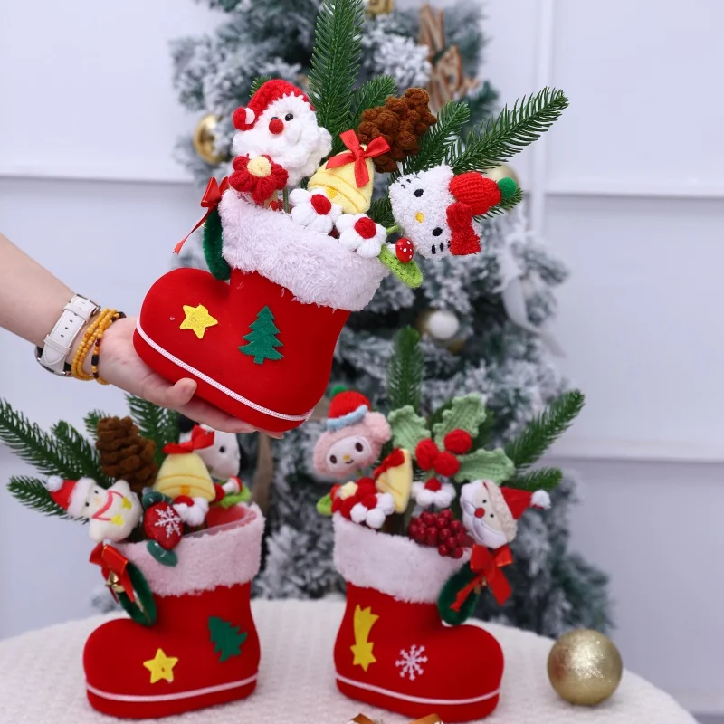 

Cartoon My Melody Kuromi Cinnamoroll Kt Cat Plush Doll With Christmas Boots Creative Handmade Bouquets Christmas Decor