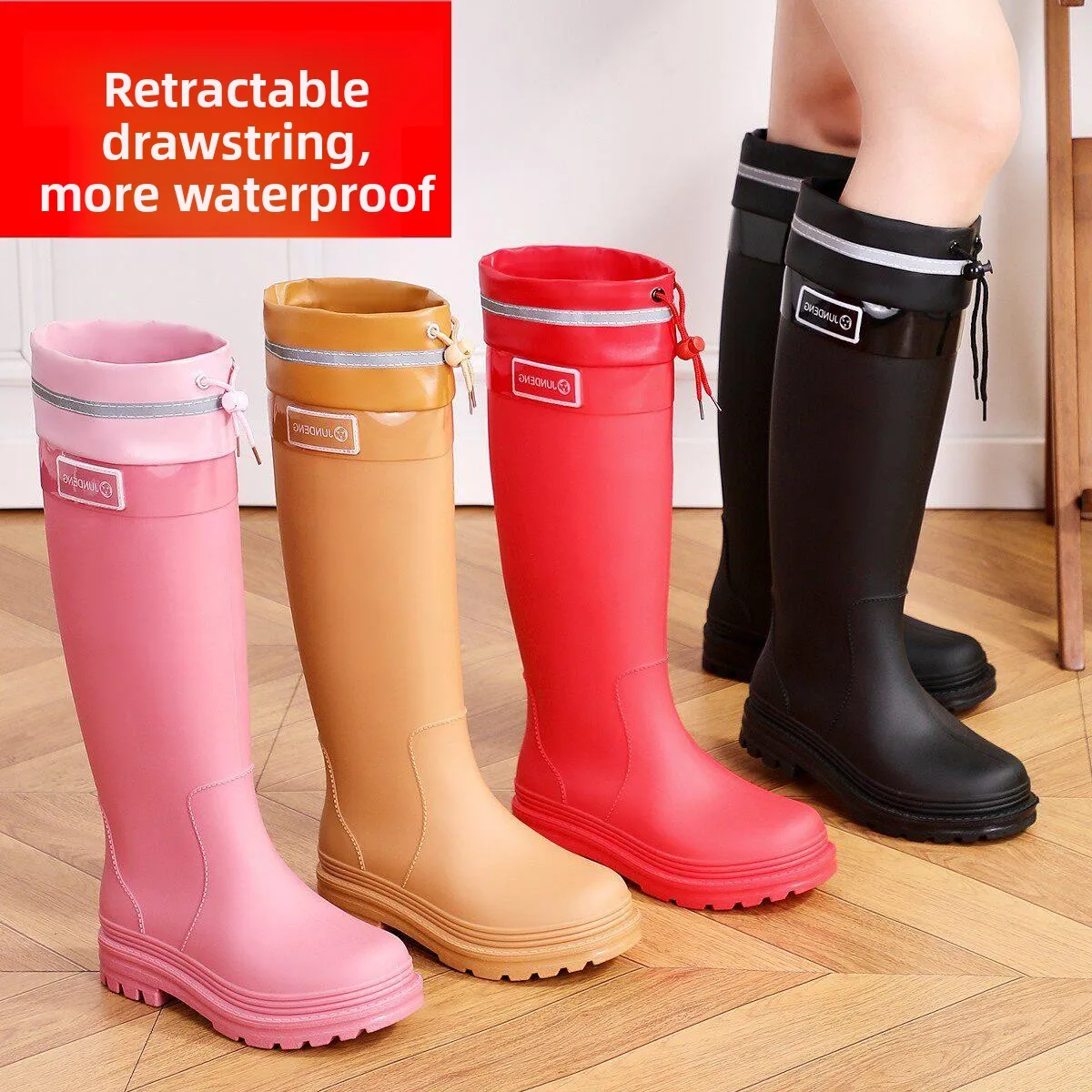 High-Tube Waterproof Rain Boots Unisex Children's Drawstring Over-Knee Style Sea Rush Shoes Thickened Anti-Slip Wave Pattern