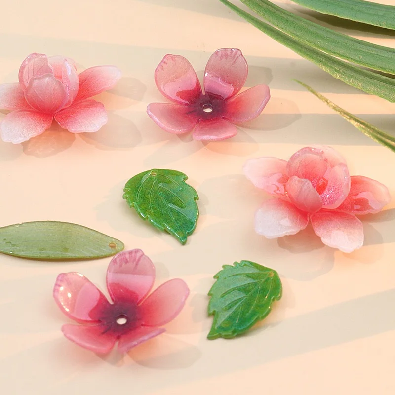Summer style 50pcs/lot color print cartoon flowers leaves shape acrylic handmade floral beads diy jewelry garment hair accessory