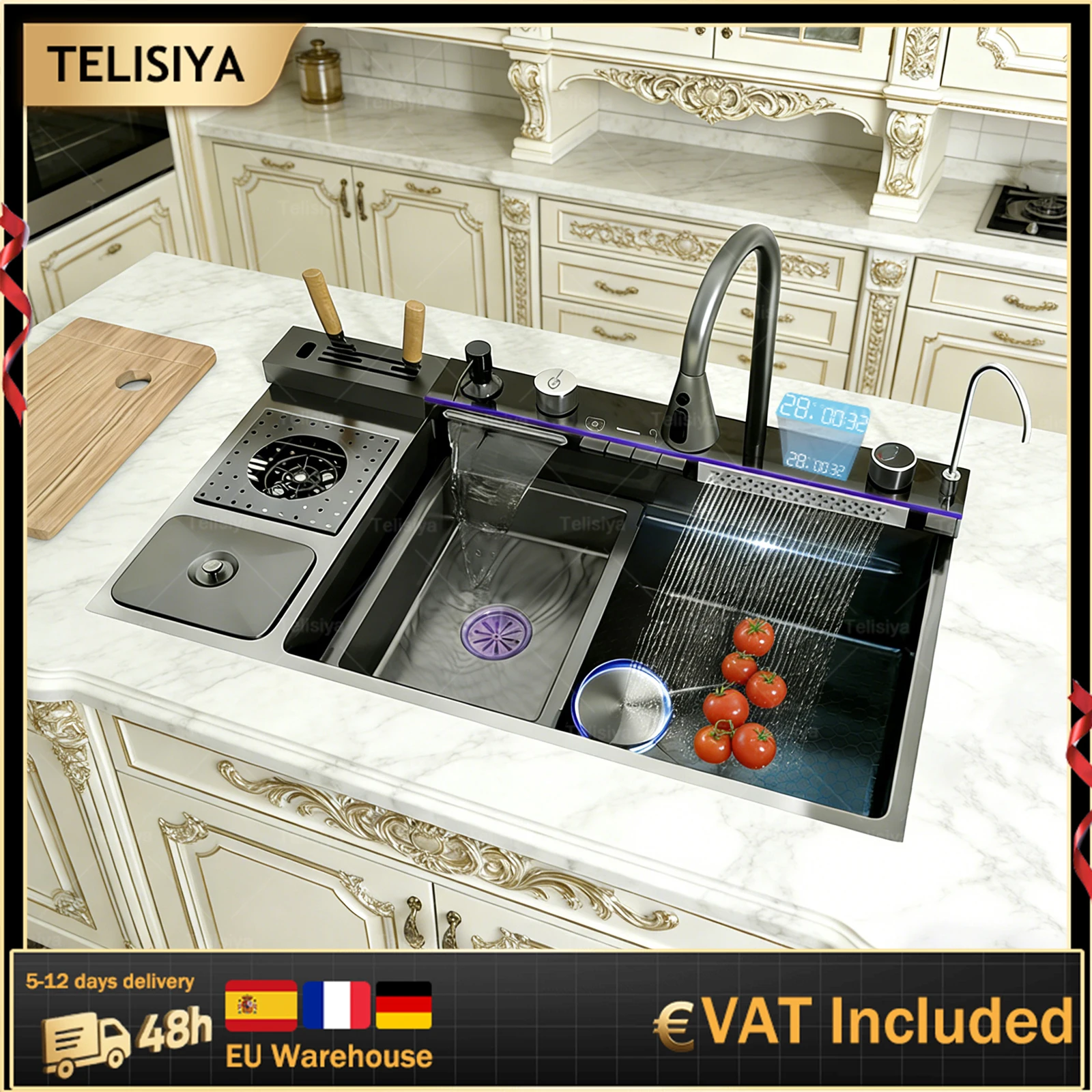 Évier de cuisine en acier inoxydable à cascade avec affichage numérique, grand bac unique multifonctionnel pour légumes et vaisselle