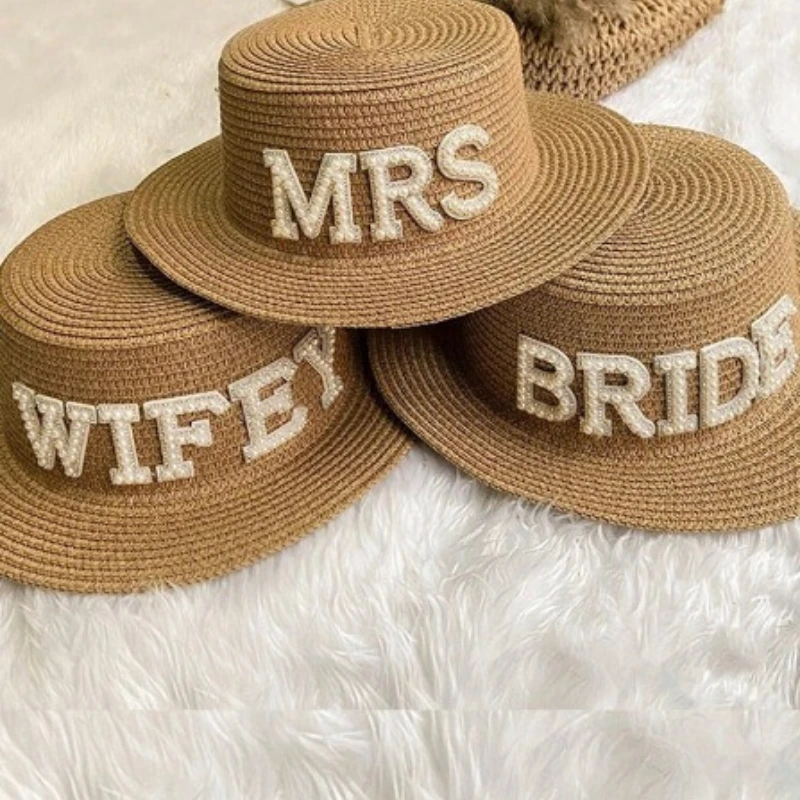 

New “Bride” Flat-Brimmed Straw Hat for Bachelorette Parties Vintage British-Style Bridal Hats Beach Sun Hat with Wide Brim