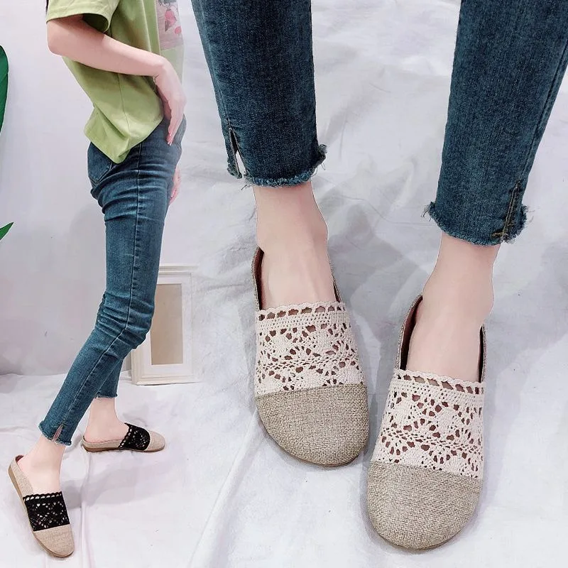 Kobiety Mesh Toe Half Slippers Summer New Fashion Flip Flops Slingback Linen Lace Hollow Wygodne białe kapcie dla kobiet