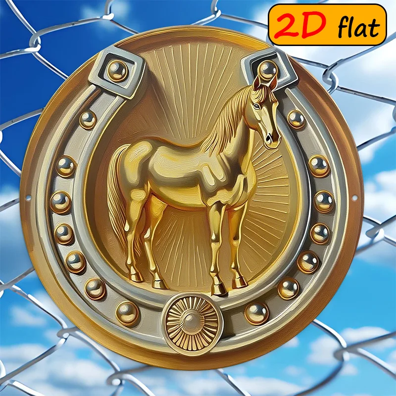 1 pieza de placa redonda de aluminio con diseño de caballo y herradura dorados, adecuada para decoración de espacios, decoración perfecta para habitaciones.