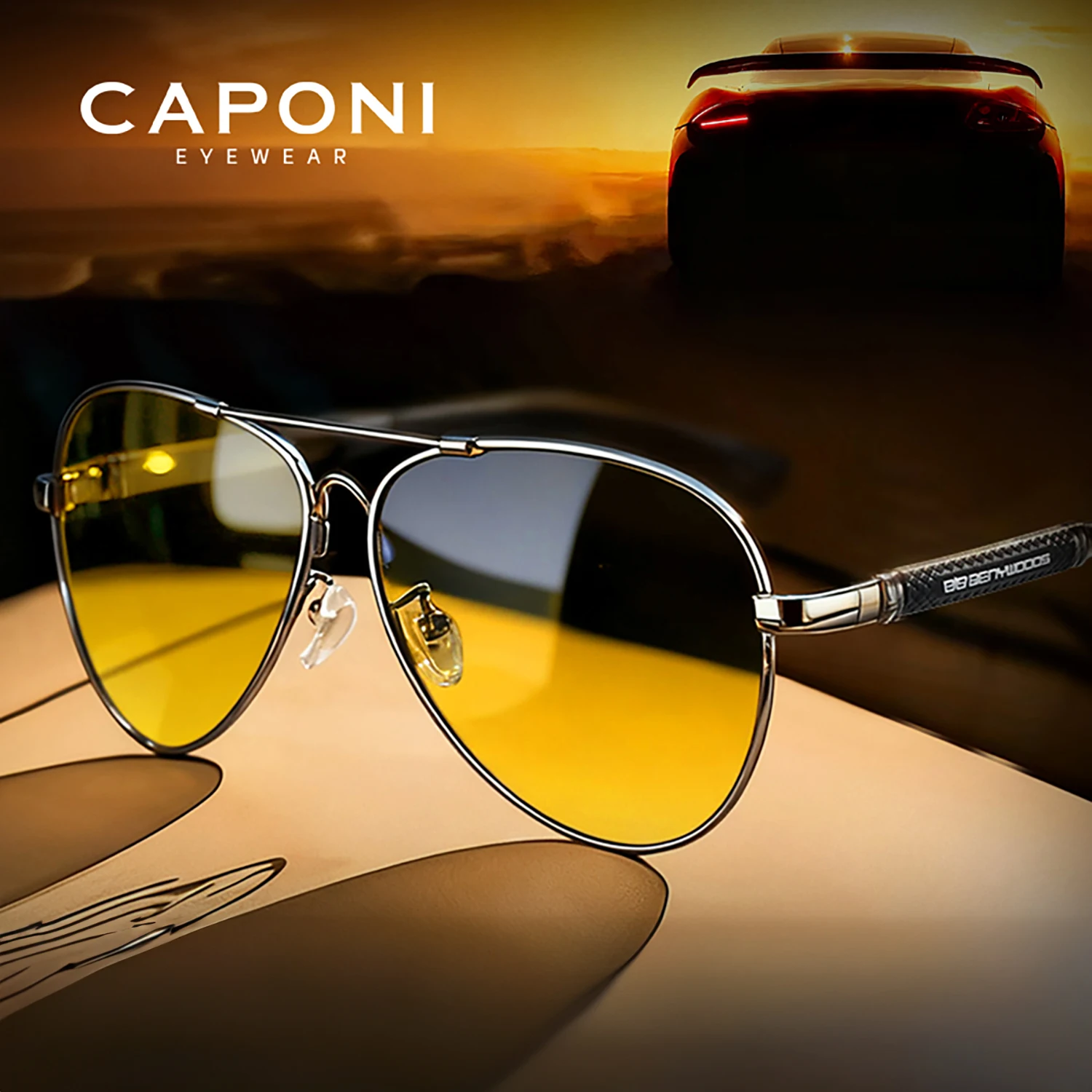 CAPONI Night Vision Pliot Driving Alloy Sunglasses Men Photochromic Lens UV400 Protection Sunglasses YS9812