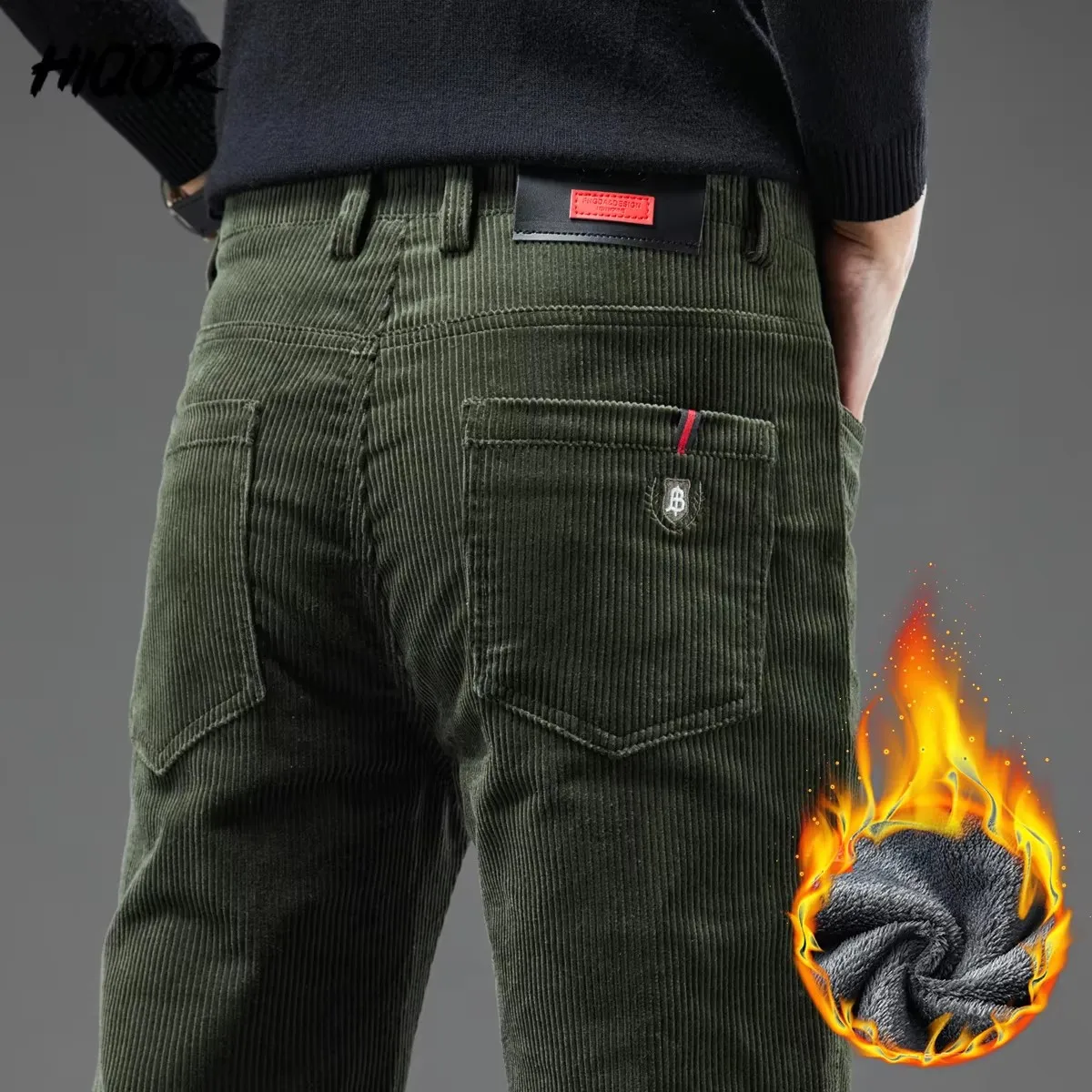 Men's Winter Corduroy Pants Thick Warm Business Straight Casual Trousers Korean Fashion Fleece Green Baggy Male Fashion