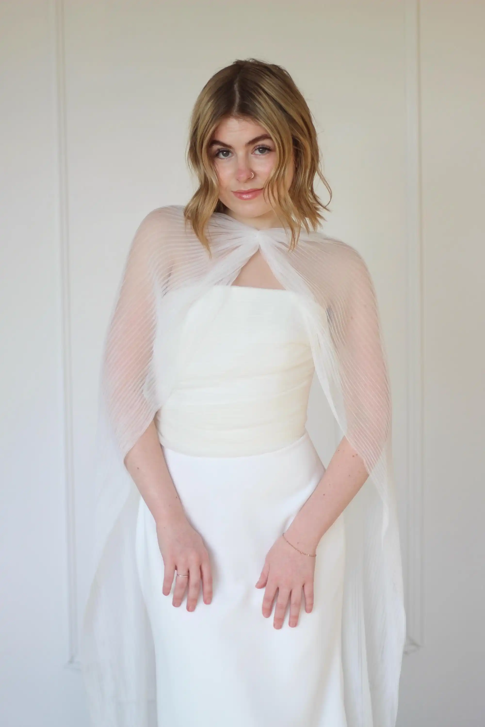 POD Bridal Pleated Neck Scarf 2026 Elegant Tulle Bridal Cape Shawl White Sheer Pleated Tulle Wedding Cape Wrap Stole Accessory